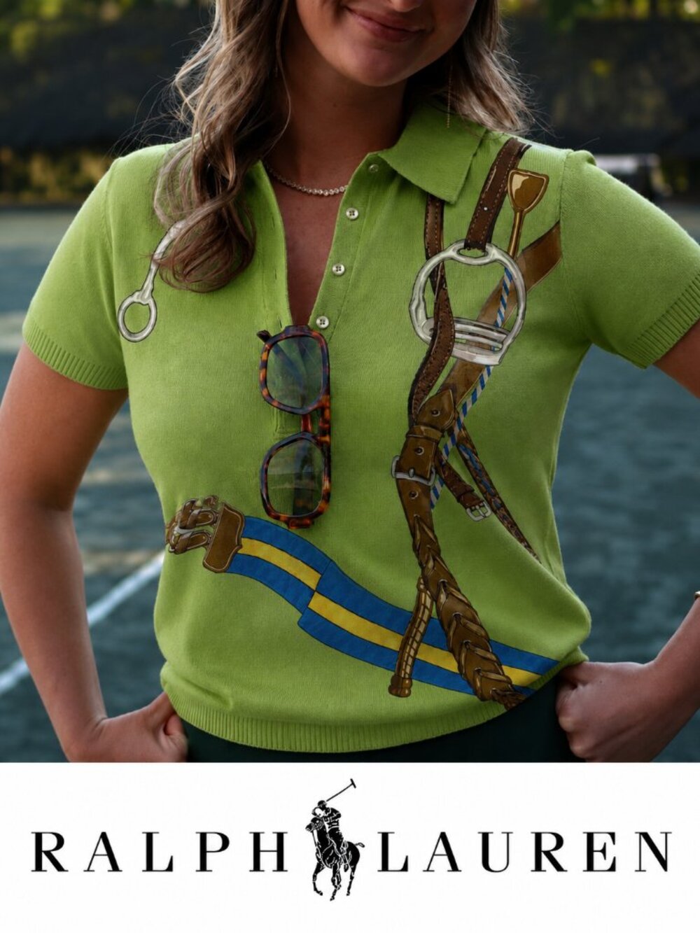 Vintage Polo Ralph Lauren Equestrian Polo Shirt Bridle Saddle Print Lime Green S - Picture 1 of 13